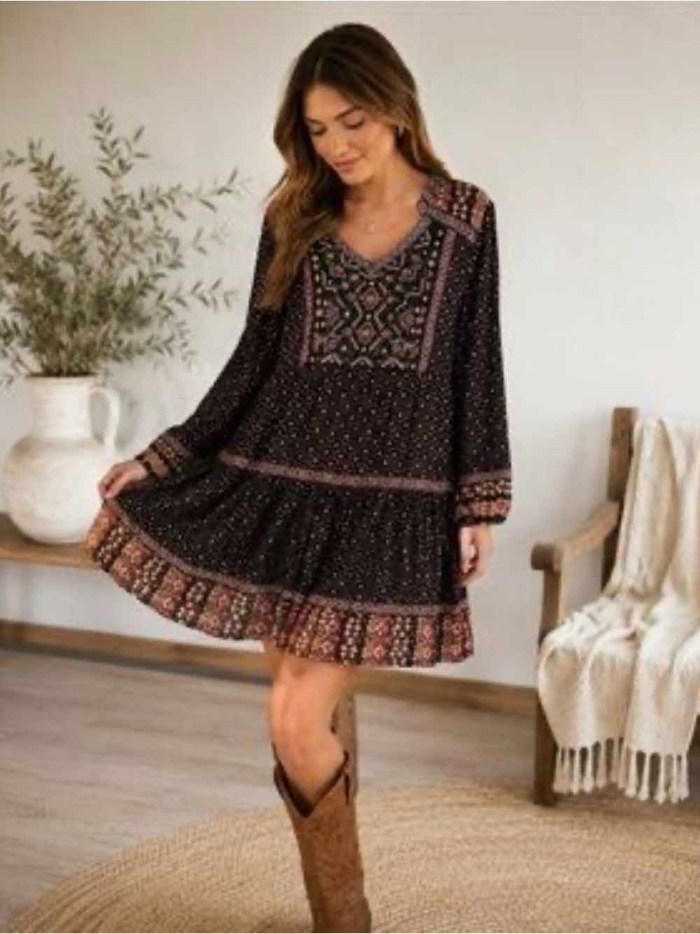 Style and co Boho Long-Sleeve Black Floral Tiered Dress